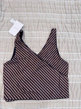 Baiia Wrap-Front Top Swim in Black and Tan Stripe w/ sash